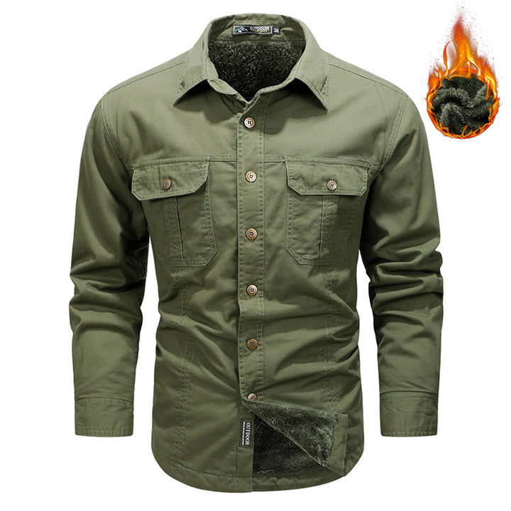 Men's rugged canvas shirt with double breast pockets and continuous button placket