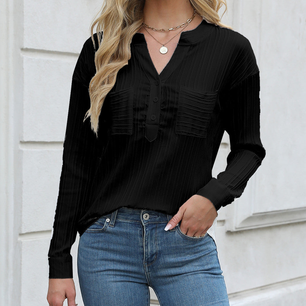 Ladies nan ribbed long sleeve blouse with V-neck, concealed button placket and patch chest pockets Mune Fashion