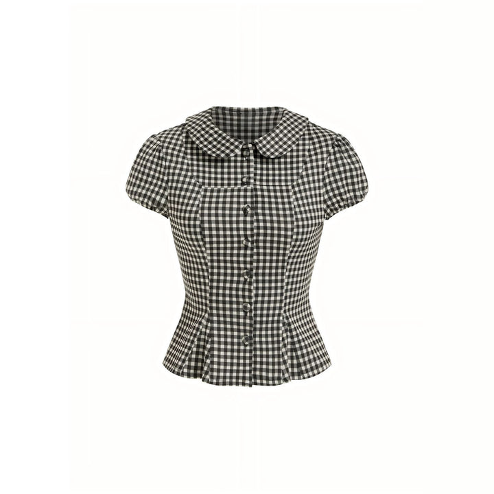 Ladies plaid blouse with Peter Pan collar, tailored peplum silhouette and puff sleeves Drune