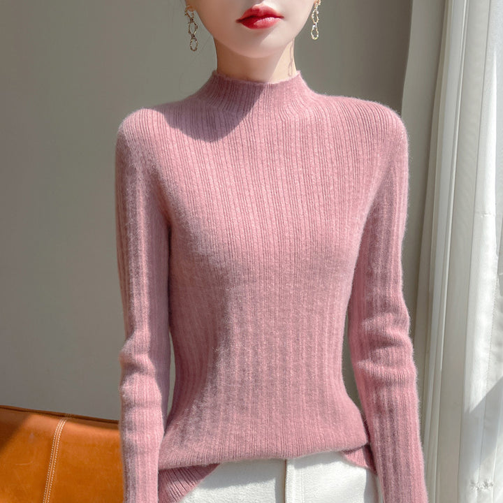 Women's slim-fit fine knit pullover with a short standing collar and fine ribbed texture Mune Fashion