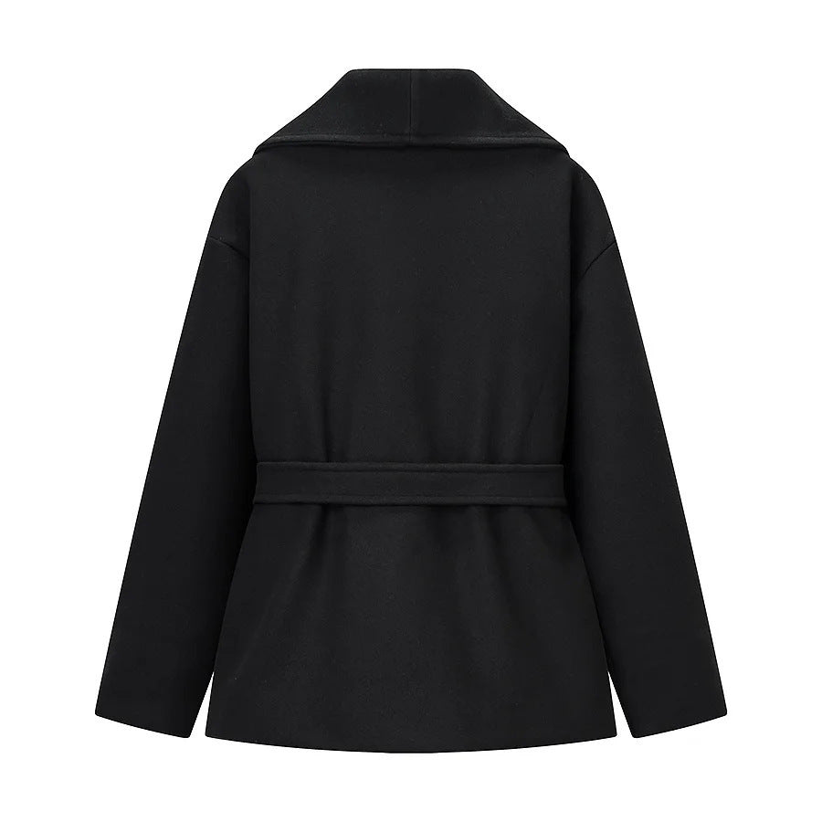 Women's cropped wool blend coat with dropped shoulder, large shawl collar and tie belt Mune Fashion