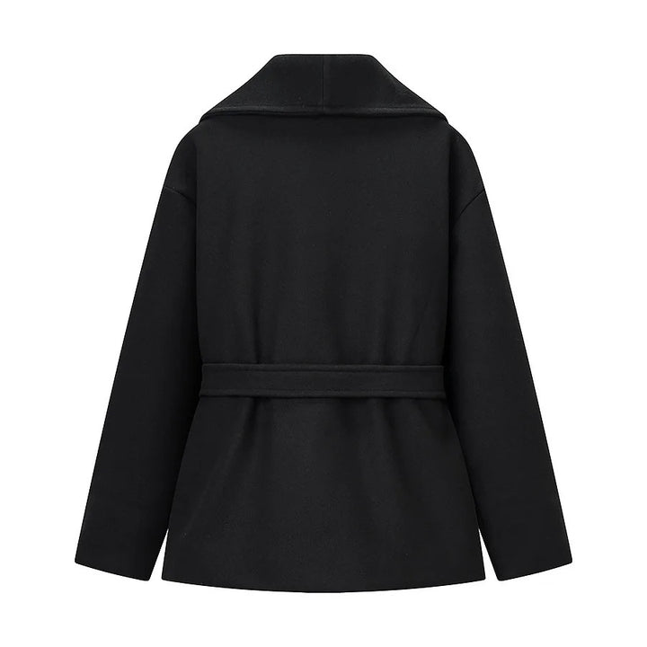 Women's cropped wool blend coat with dropped shoulder, large shawl collar and tie belt Mune Fashion