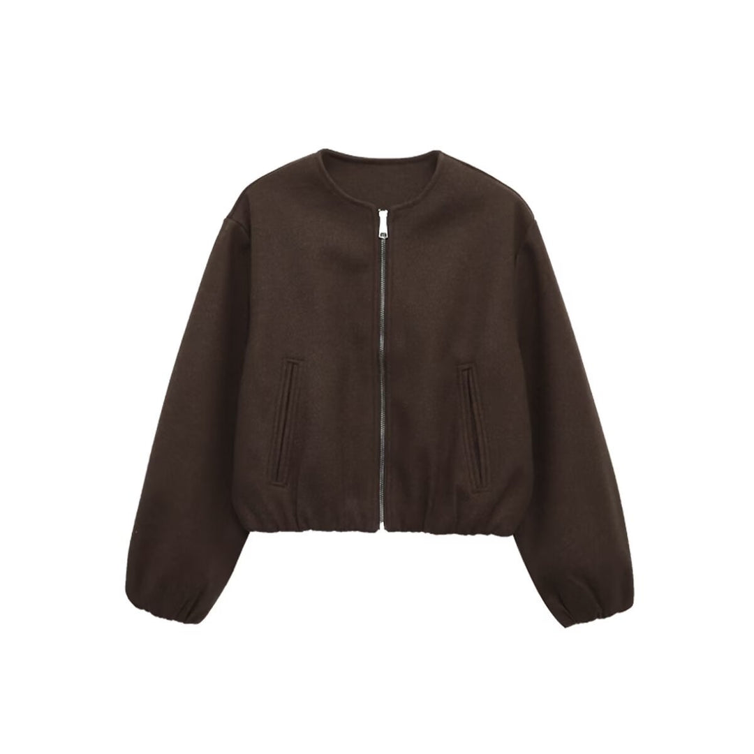 Women Short Bomber Jacket with Round Neck, Zipper and Elastic Hem Mune Fashion