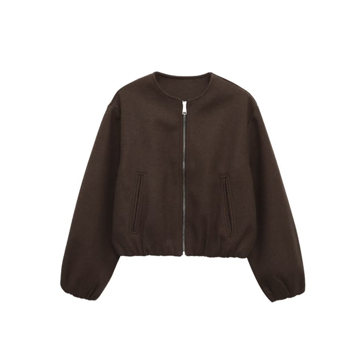 Women Short Bomber Jacket with Round Neck, Zipper and Elastic Hem Mune Fashion