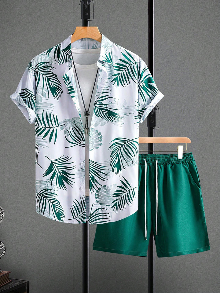 Men's vacation set with short-sleeved lapel shirt in palm print and elastic drawstring bermuda Mune Fashion