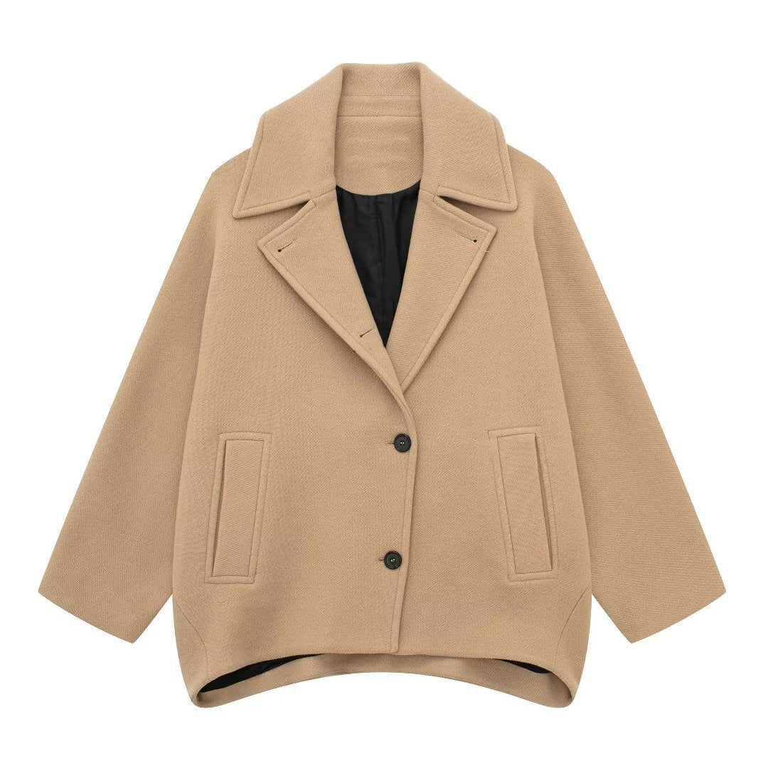 Women's short-cut oversized wool blend caban with wide lapels and boxy silhouette Mune Fashion
