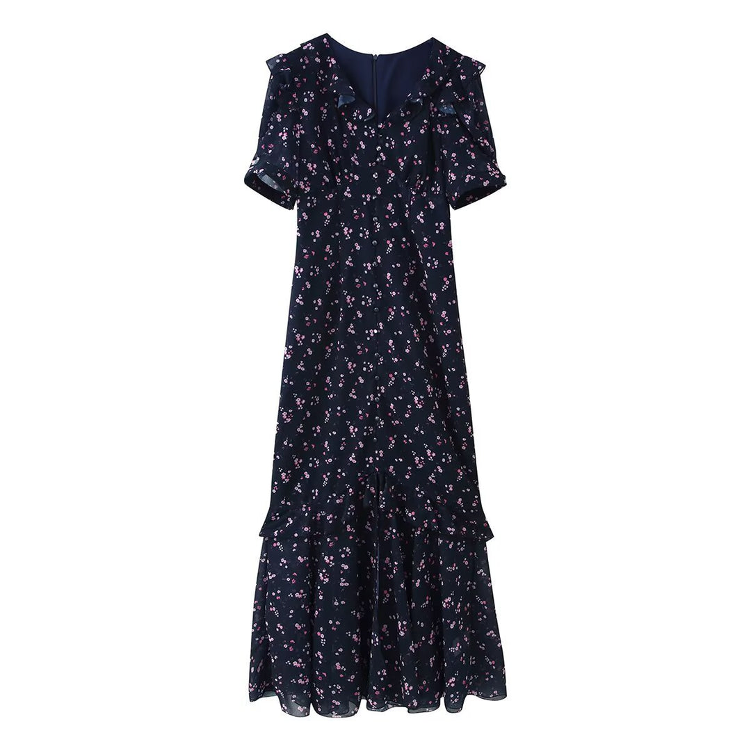 Women’s maxi dress with ruffles, V-neck and floral chiffon look Mune Fashion