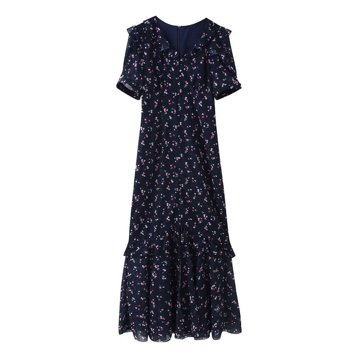 Women’s maxi dress with ruffles, V-neck and floral chiffon look Mune Fashion
