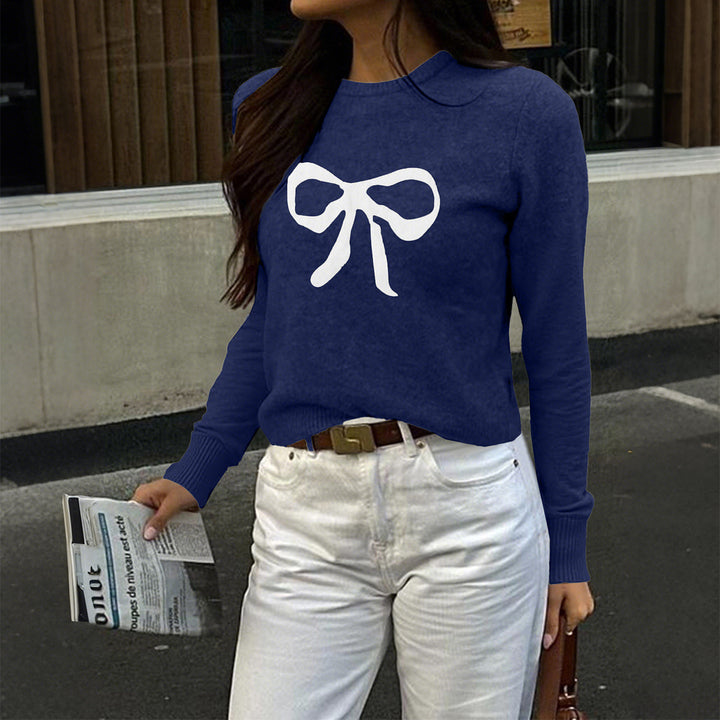Women's fine knit pullover with large bow print, round neckline and slim fit Mune Fashion
