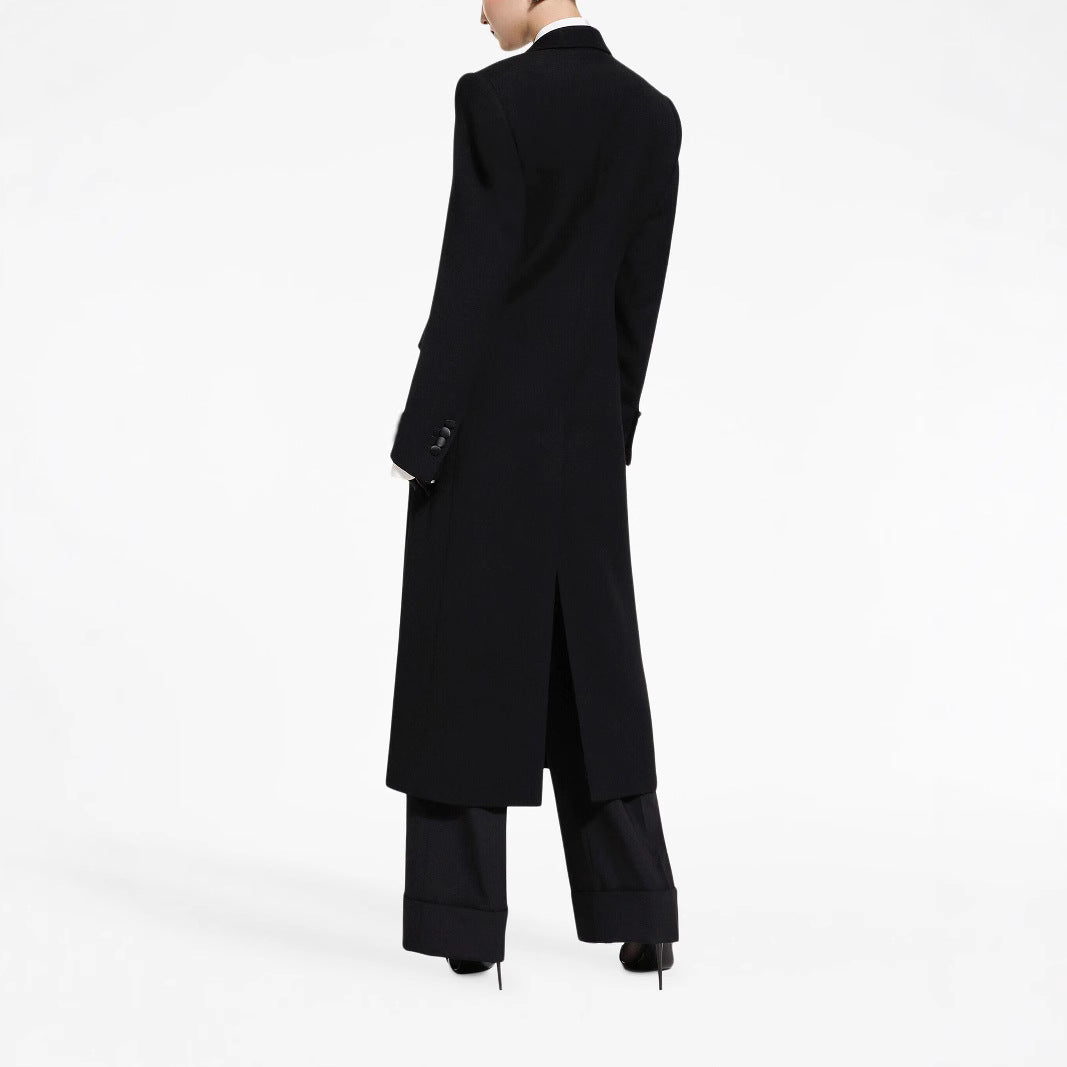 Women Elegant Tuxedo Pantsuit with Long Coat and Wide Pleated Trousers Mune Fashion