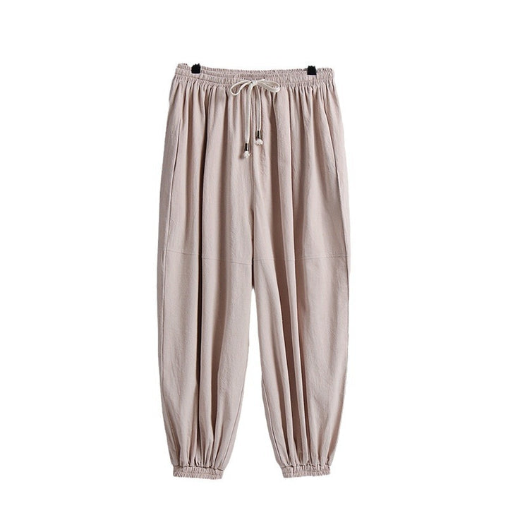 Women's wide cotton-linen casual pants with drawstring and elastic ankle cuffs Mune Fashion