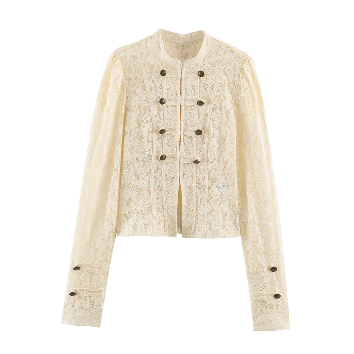 Ladies short jacket made of floral lace with mandarin collar and decorative straps Drune