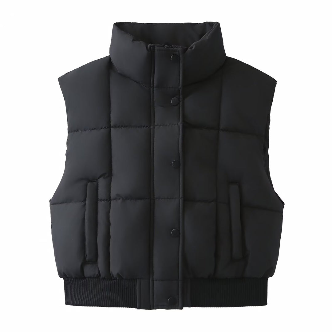 Women Quilted Cropped Puffer Vest with Stand Collar and Ribbed Hem Mune Fashion
