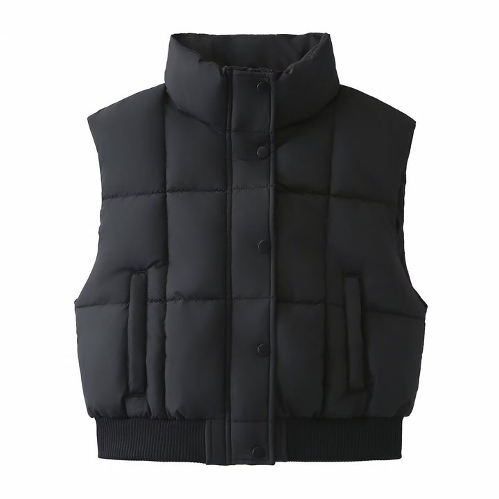 Women Quilted Cropped Puffer Vest with Stand Collar and Ribbed Hem Mune Fashion