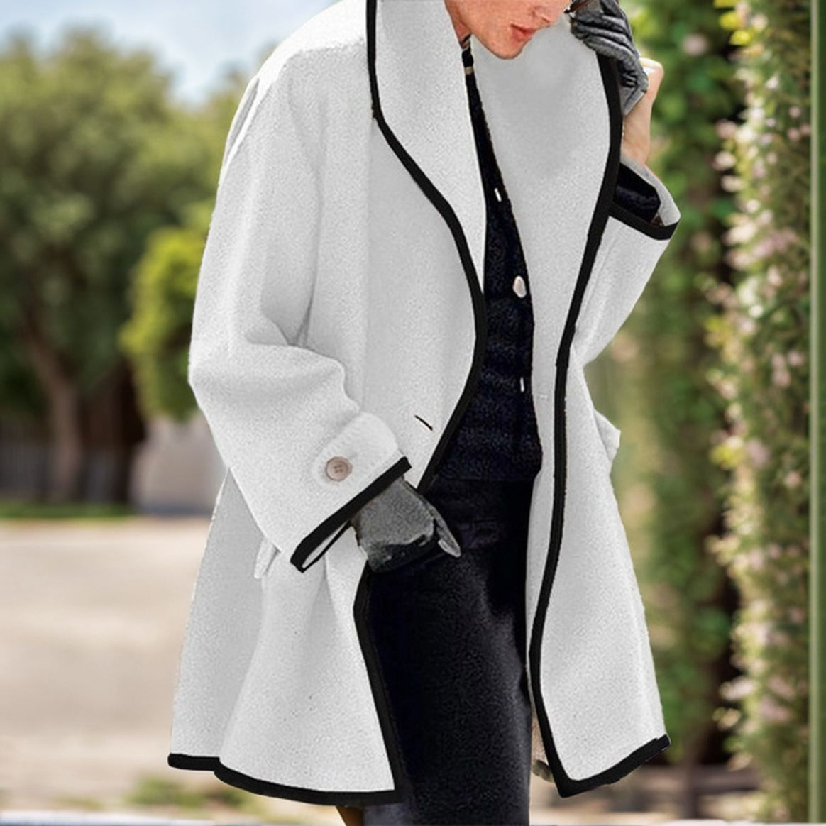 Women's A-line wool blend coat with hood and contrasting piping Mune Fashion