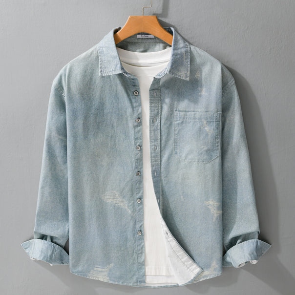 Men's Denim Overshirt with Used Effect and Chest Pocket Mune Fashion