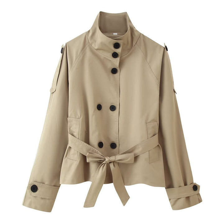Women's 400+ short fitted trench jacket with stand-up collar, double-breasted button placket and belt Mune Fashion