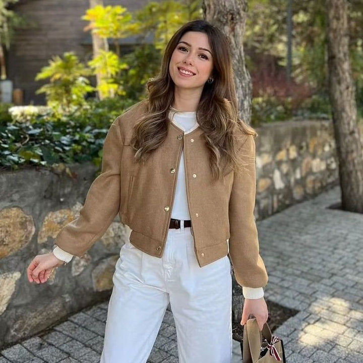 Women's Short Jacket in College Bomber Style with Concealed Snap Button Placket and Contrasting Ribbed Cuffs Mune Fashion