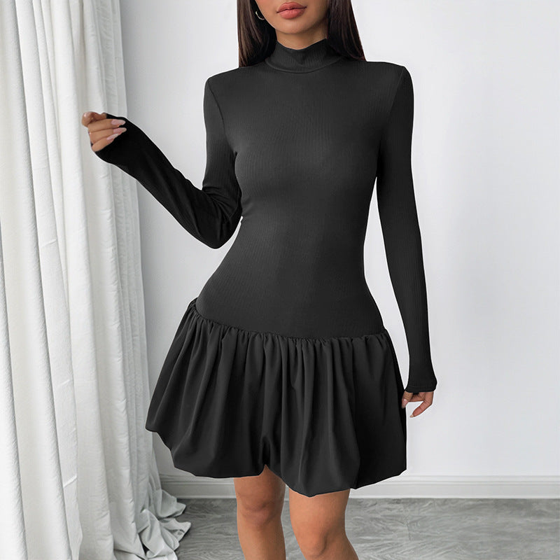 Women Fitted Mini Dress with Ribbed Top, Stand Collar and Gathered Balloon Skirt Mune Fashion