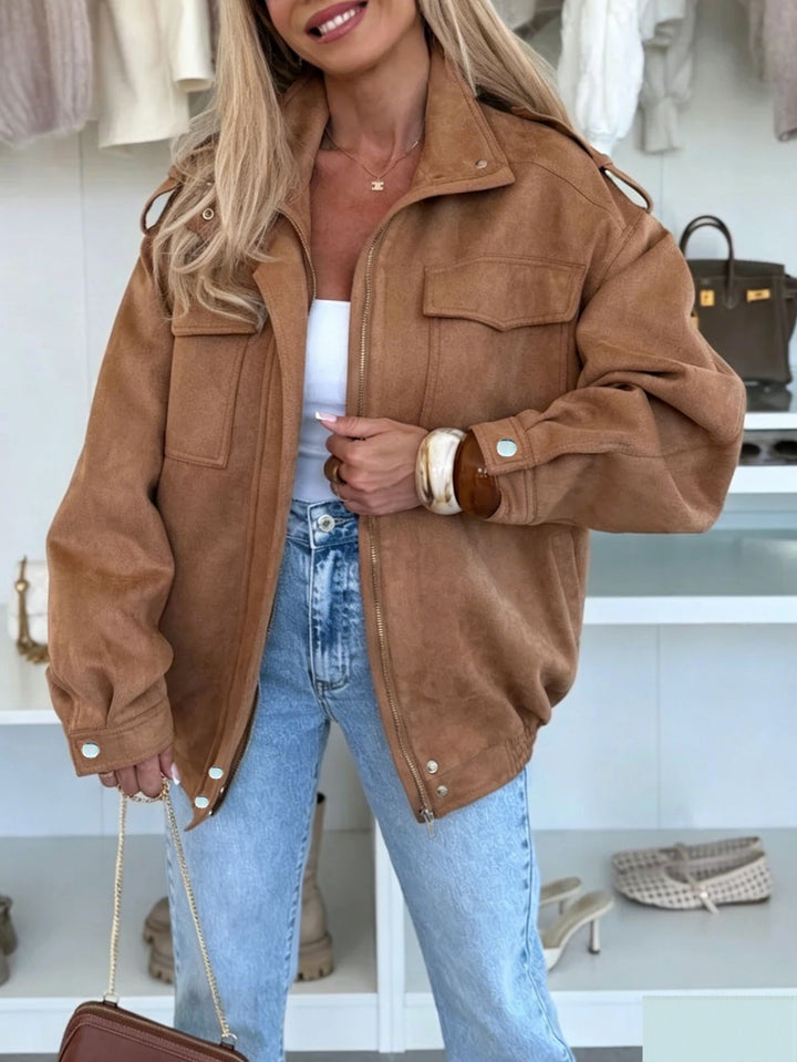 Women's Oversized Jacket in Suede Look with Chest Pockets and Epaulettes Mune Fashion