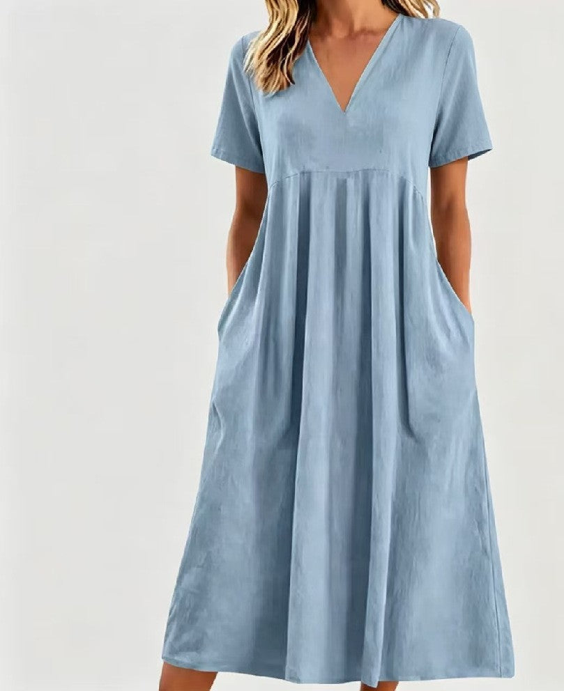 Women nan legeres V-neck midi dress with side pockets and gathered empire seam Mune Fashion