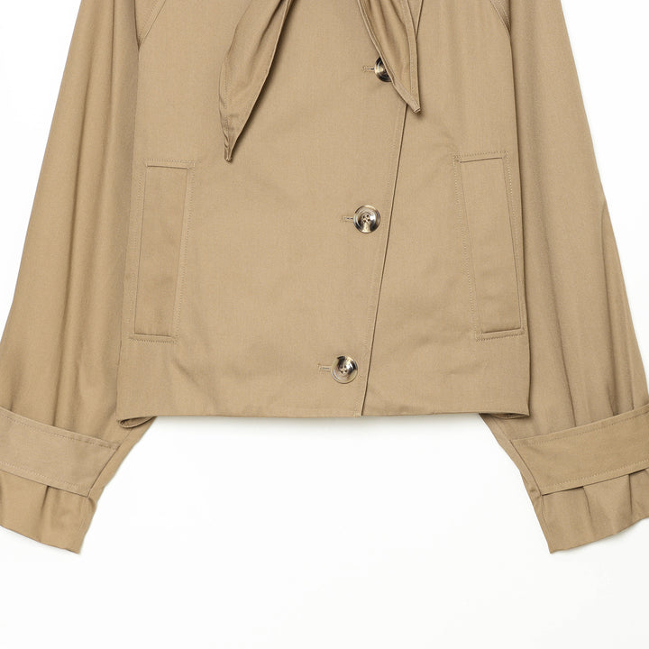 Women's Cropped Trench Cape Jacket with Bow Collar and Boxy Silhouette Mune Fashion