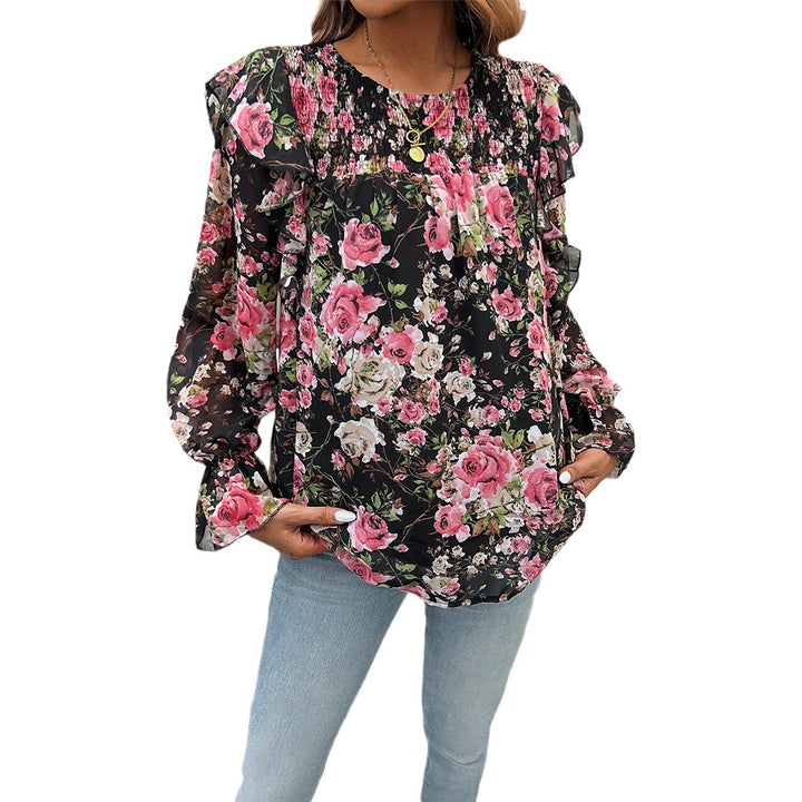 Women's floral chiffon blouse with ruched yoke, ruffle sleeves, and relaxed fit Mune Fashion