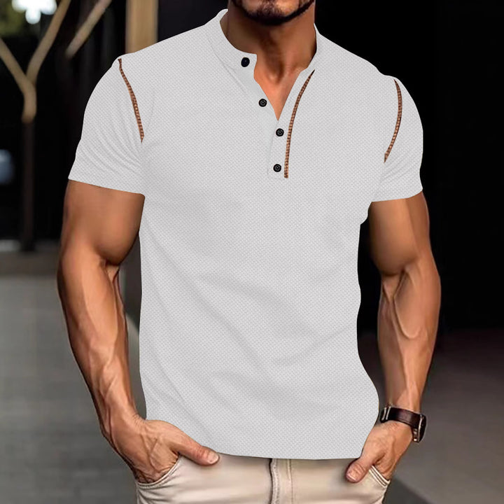 Men's tapered structured polo shirt with stand-up collar and decorative piping Mune Fashion
