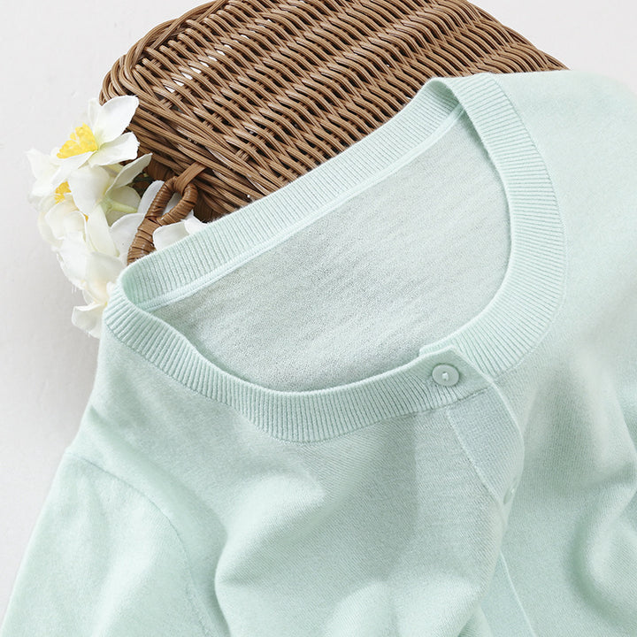 Women Short Sleeve Fine Knit Cardigan with Round Neck and Continuous Button Placket Mune Fashion