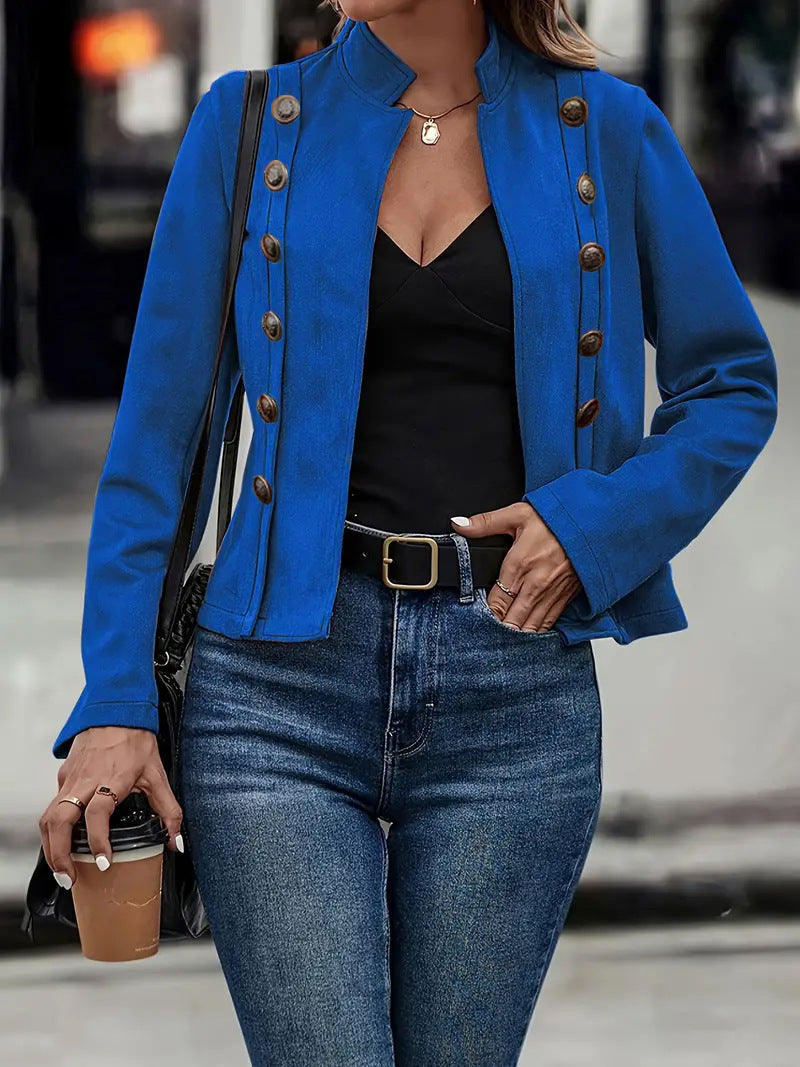 Women's fitted military short jacket with stand-up collar and decorative double button placket Mune Fashion