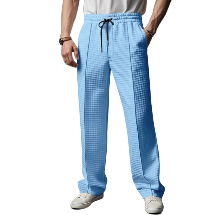Men's Relaxed-Fit Leisure Pants with Textured Check Pattern, Elastic Waistband & Drawstring