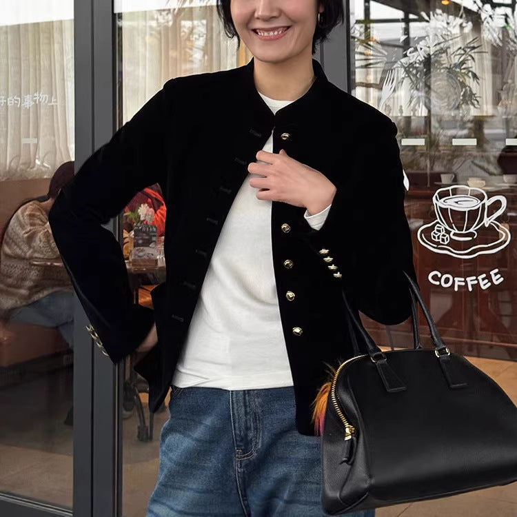 Women's Elegant Velvet Jacket with Button Placket Drune