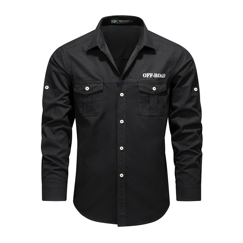 Men's Long Sleeve Utility Shirt made of Cotton Blend with Double Chest Pockets and Roll-Up Sleeves Mune Fashion