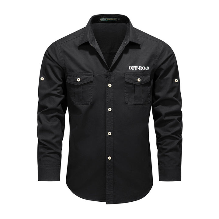 Men's Long Sleeve Utility Shirt made of Cotton Blend with Double Chest Pockets and Roll-Up Sleeves Mune Fashion