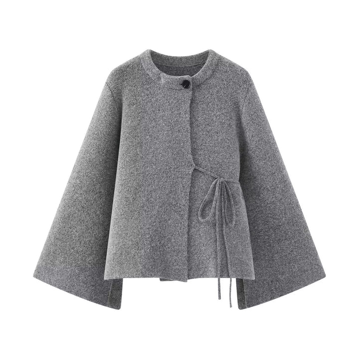 Women's Short Wool Blend Cape with Round Neck, Drawstring Waist and Bell Sleeves Mune Fashion