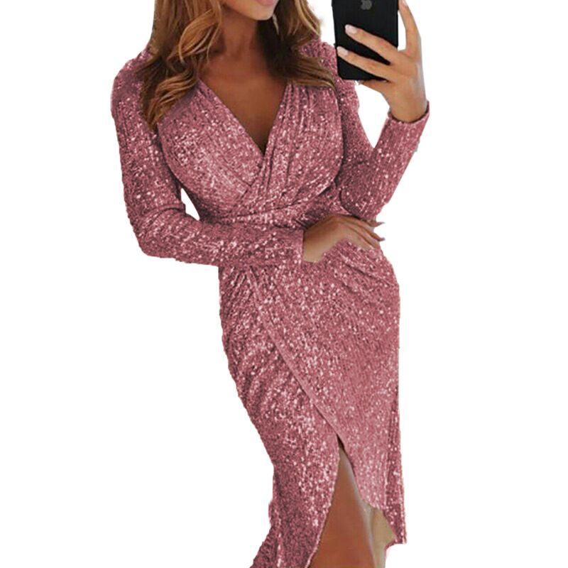 Women shimmering wrap midi dress with V-neck long sleeves side leg slit Mune Fashion