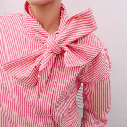 Women Striped Pullover Blouse with Bow Collar and Wide Cuffs Mune Fashion