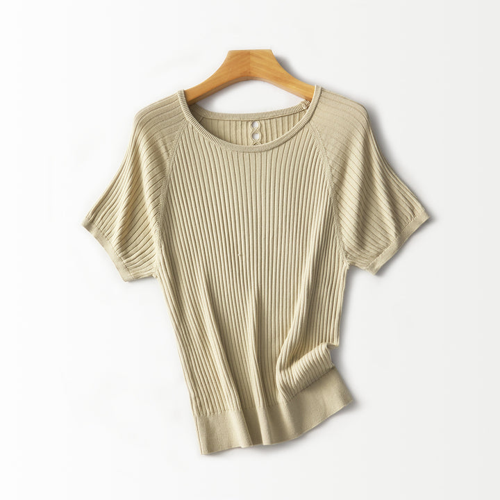 Women's Ribbed Short Sleeve Knit Top with Round Neckline and Keyhole Detail Mune Fashion