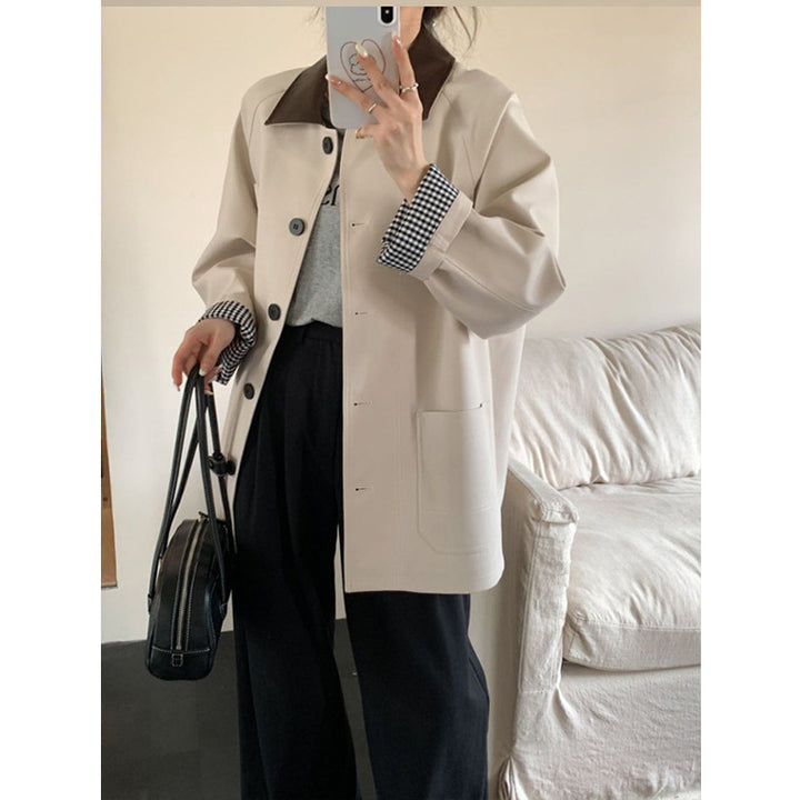 Women Lightweight Oversized Transition Jacket with Contrast Collar and Checkered Sleeve Hem Mune Fashion