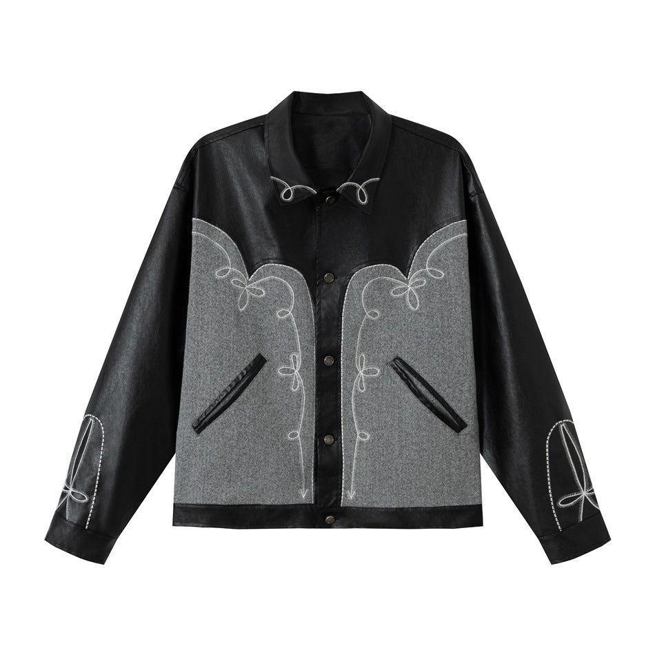 Unisex Boxy Blouson made of faux leather and wool blend with Western embroidery Mune Fashion