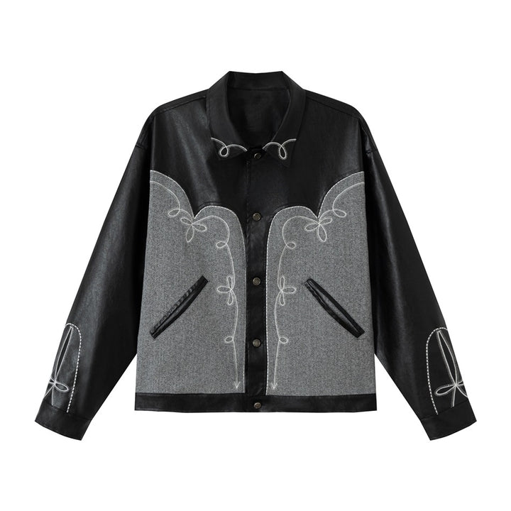 Unisex Boxy Blouson made of faux leather and wool blend with Western embroidery Mune Fashion