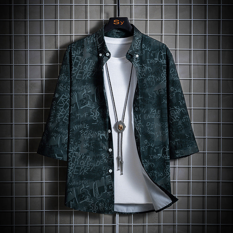 Men's loosely cut short-sleeve overshirt with allover graphic print and shirt collar Mune Fashion
