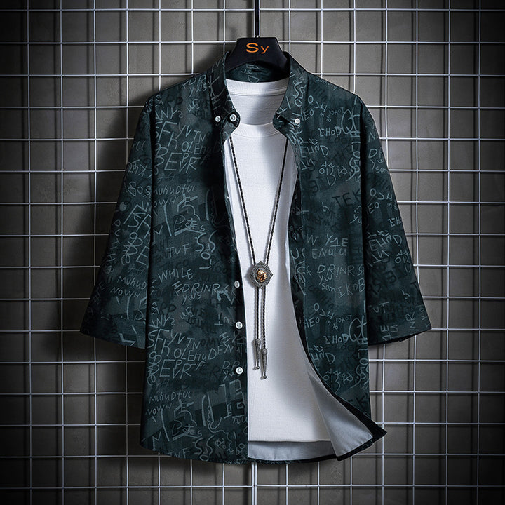 Men's loosely cut short-sleeve overshirt with allover graphic print and shirt collar Mune Fashion