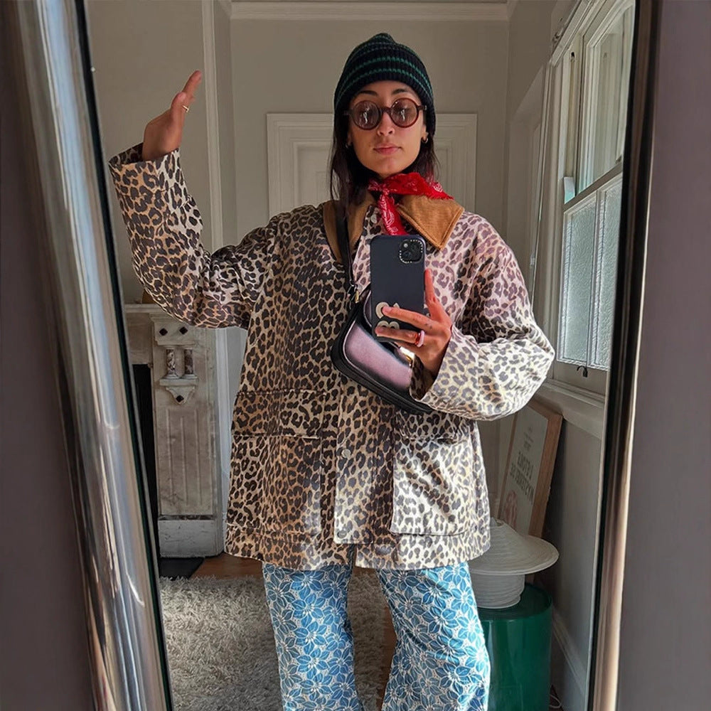Women's Oversize Field Jacket with Leopard Print and Contrasting Cord Collar Mune Fashion
