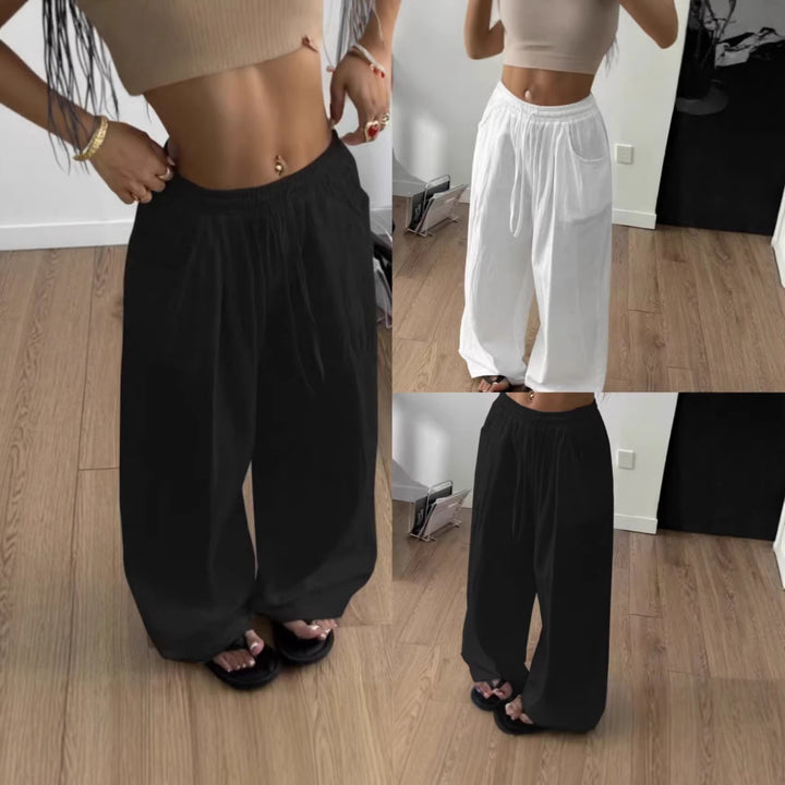 Women's wide linen-like lounge pants with elastic waistband and drawstring Mune Fashion