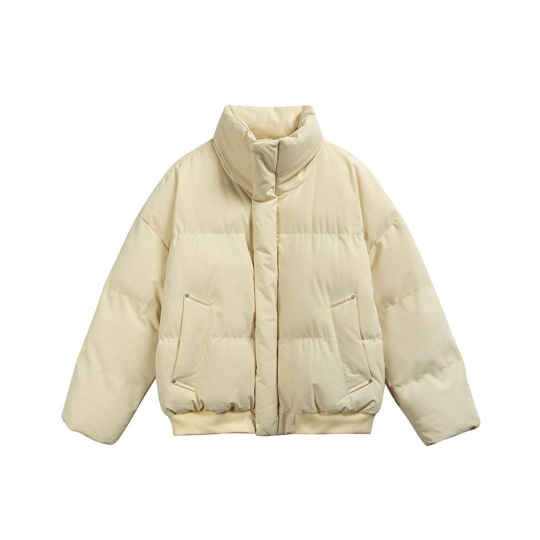 Women's short padded quilted jacket in boxy cut with high stand-up collar and ribbed hem Mune Fashion