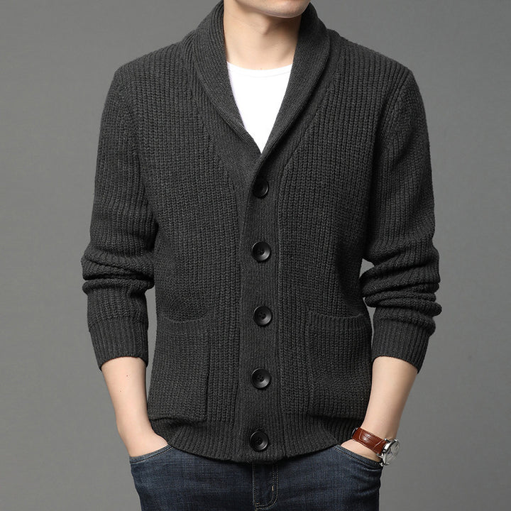 Men's chunky knit cardigan with shawl collar, patch pockets, and button placket Mune Fashion