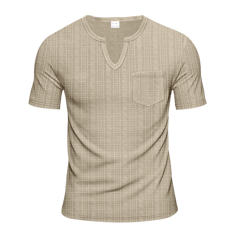 Men's short-sleeved shirt with slit V-neck structured linen look and patch chest pocket Mune Fashion