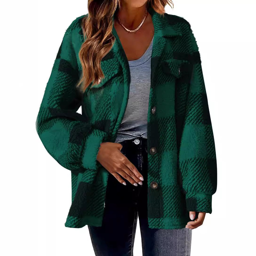 Women's cozy Sherpa check transitional jacket with chest pockets and generous oversized cut Mune Fashion