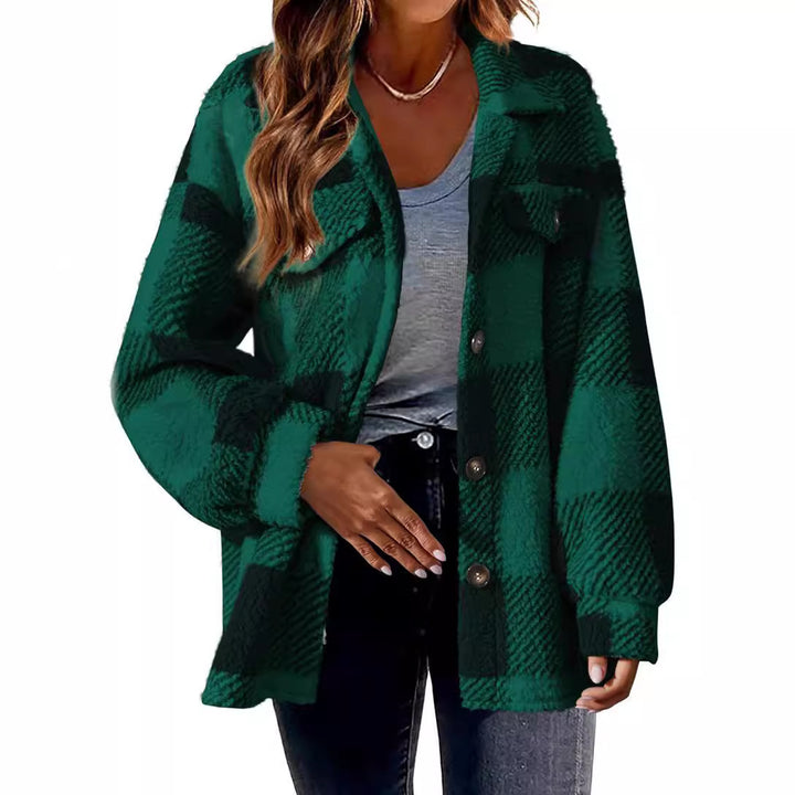 Women's cozy Sherpa check transitional jacket with chest pockets and generous oversized cut Mune Fashion